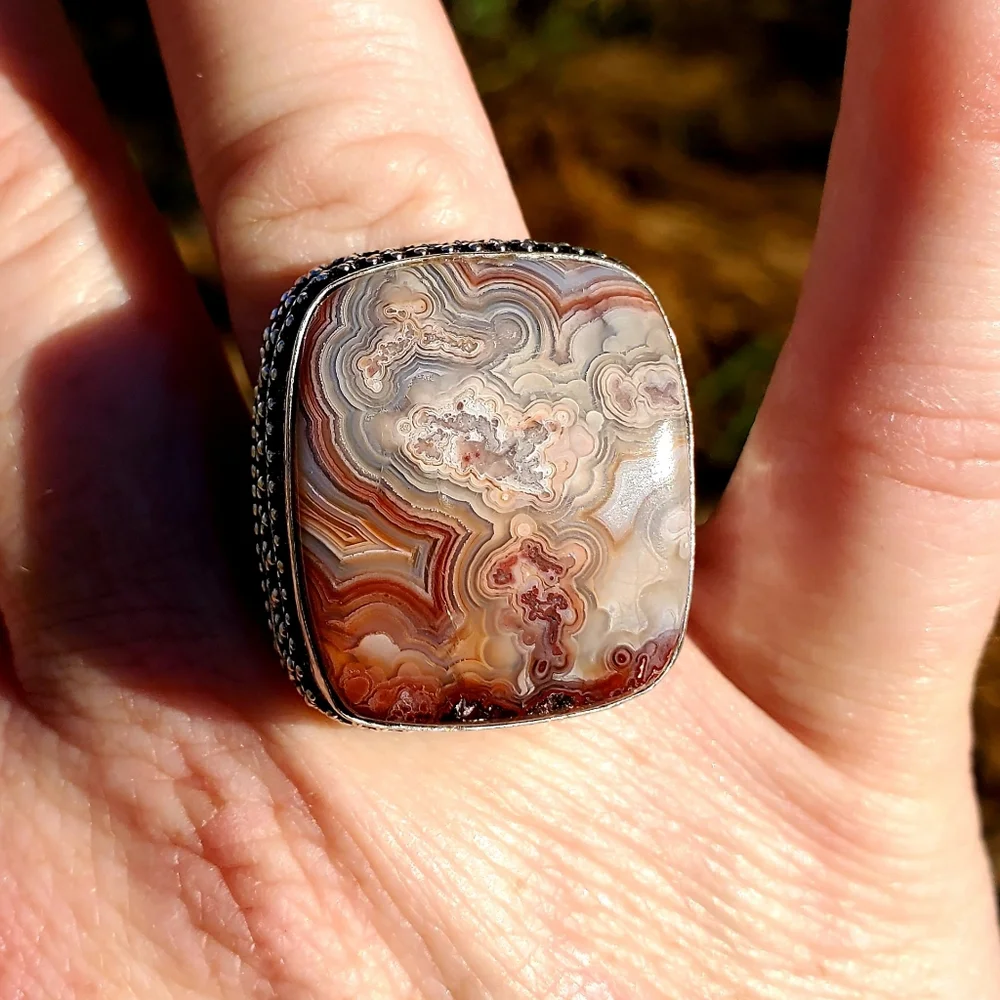 New Oversized Crazy Lace Agate 925 Silver Statement Ring.